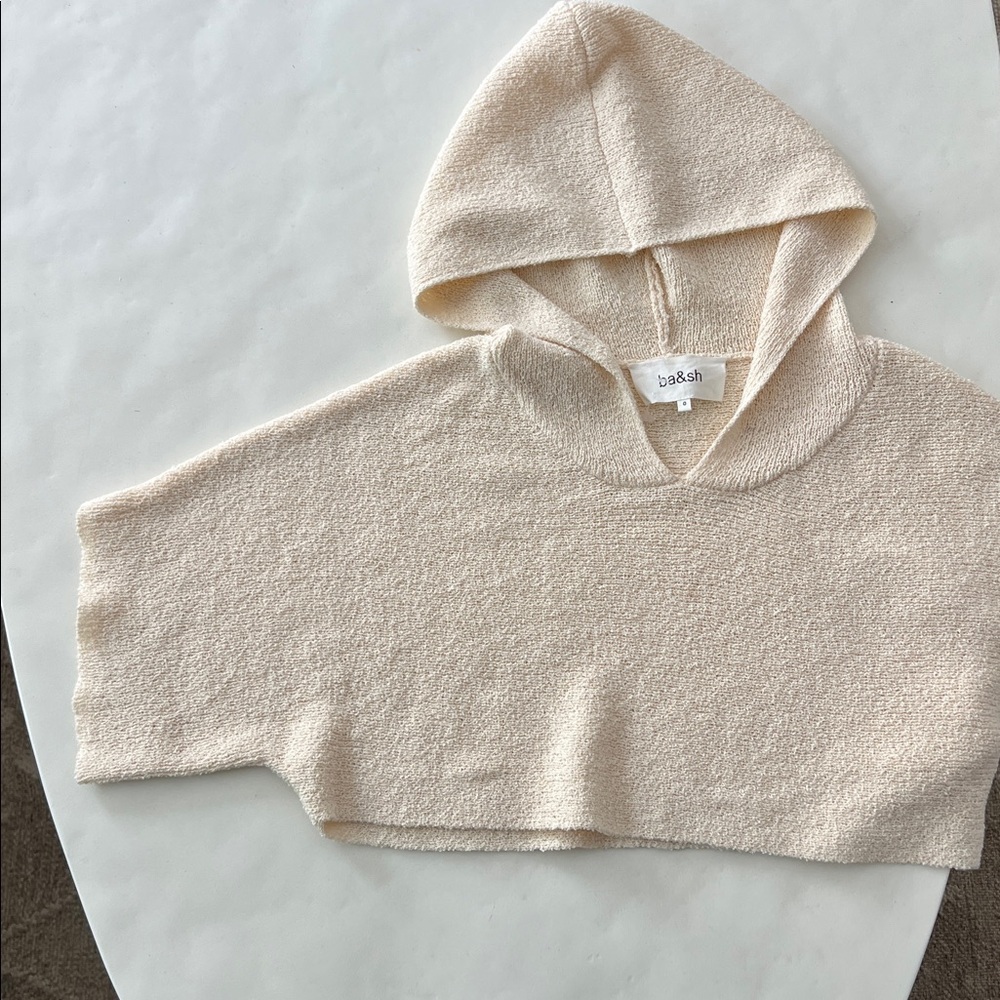ba&sh Cropped Knit Short Sleeve Poncho Hoodie Sweater Textured Boulce Cream 0